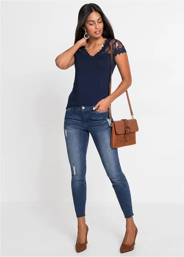 Camiseta con encaje de viscosa sostenible Azul oscuro