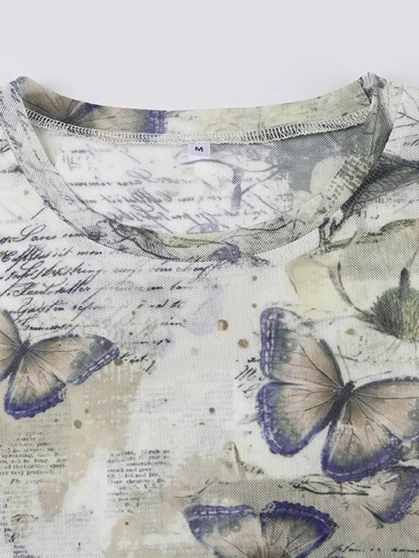 Camiseta de manga corta de malla con estampado de mariposas