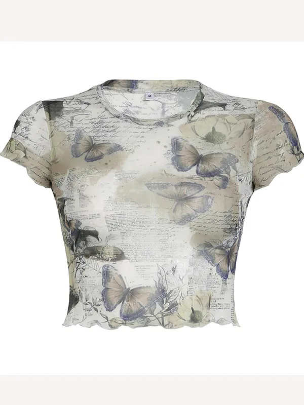 Camiseta de manga corta de malla con estampado de mariposas