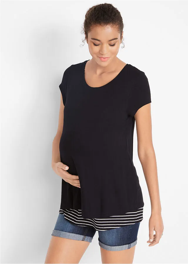 CAMISETA DE MATERNIDAD CON FUNCIóN PARA LACTANCIA NEGROBLANCO DE RAYAS