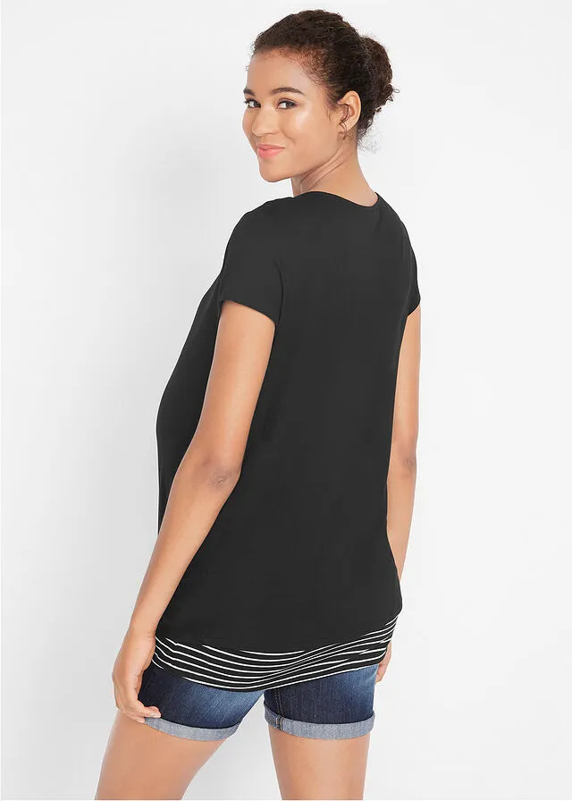 CAMISETA DE MATERNIDAD CON FUNCIóN PARA LACTANCIA NEGROBLANCO DE RAYAS