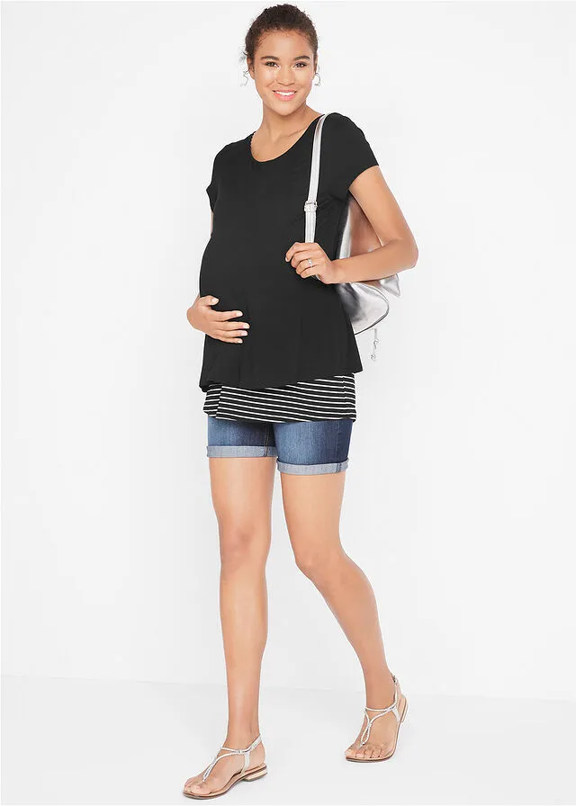 CAMISETA DE MATERNIDAD CON FUNCIóN PARA LACTANCIA NEGROBLANCO DE RAYAS