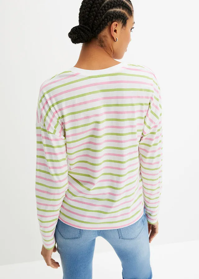 CAMISETA DE RAYAS DE ALGODóN ORGáNICO CON MANGA LARGA BLANCOVERDE PERAROSA DE RAYAS