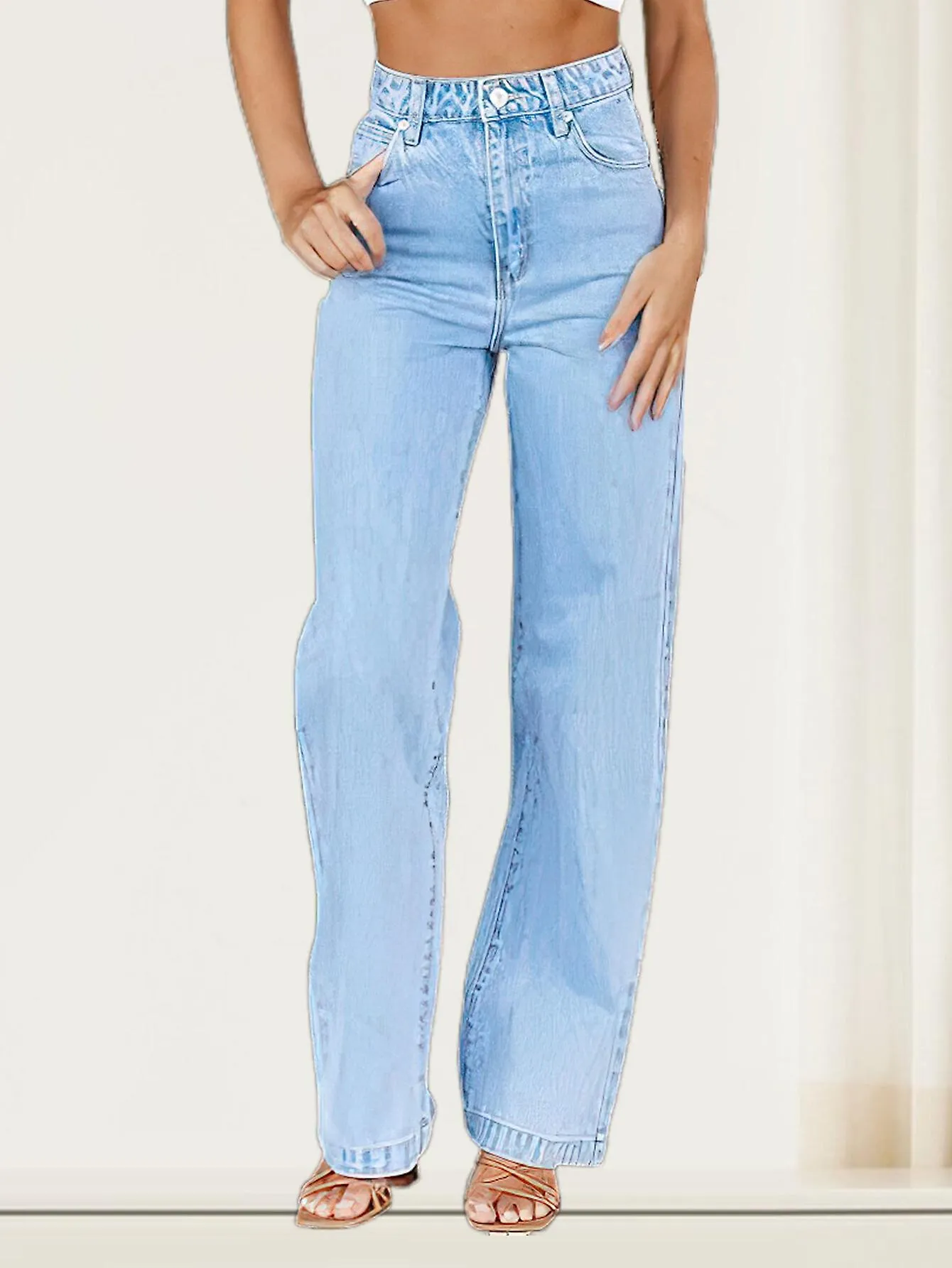 Casual Retro Jeans for Women Mid Waisted Loose Straight Jeans Cargo Pants Wide Leg Pants Streetwear Light Blue XL