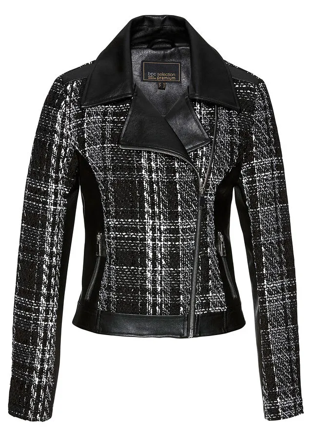 CAZADORA BIKER CON TWEED NEGROBLANCO DE CUADROS