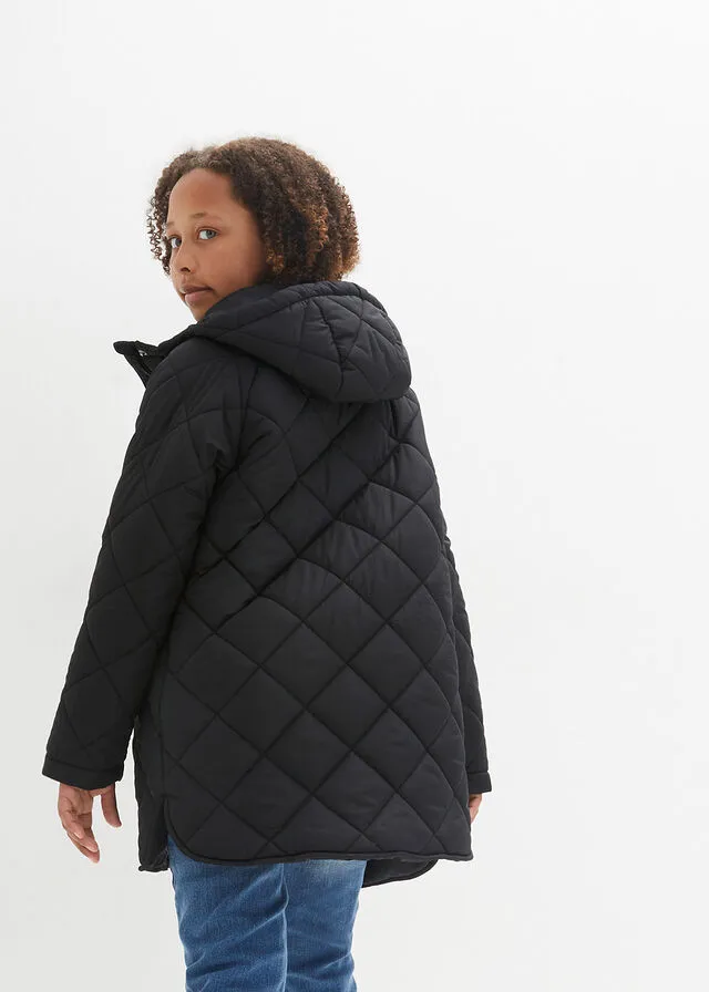 Chaqueta guateada larga con estampado de rombos para niñas Negro