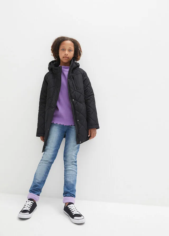 Chaqueta guateada larga con estampado de rombos para niñas Negro