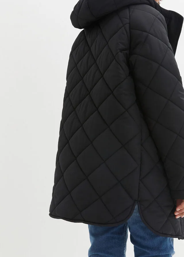 Chaqueta guateada larga con estampado de rombos para niñas Negro