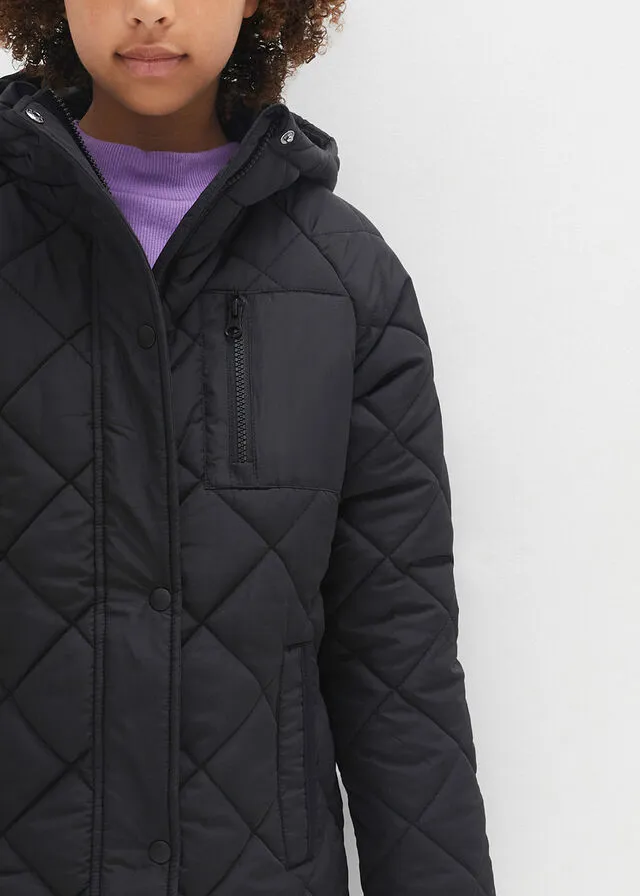 Chaqueta guateada larga con estampado de rombos para niñas Negro
