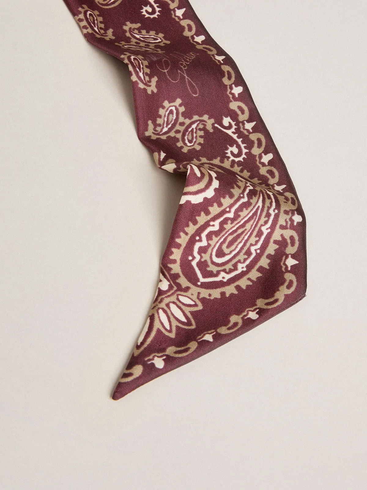 Cinta en sarga de seda color burdeos con motivo paisley