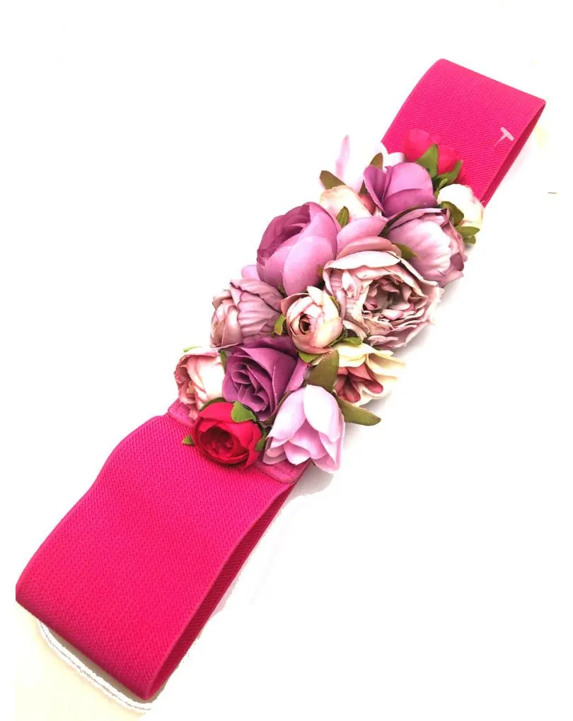CINTURONES DE FIESTA FUCSIAS CON FLORES Y CINTURILLA ELASTICA