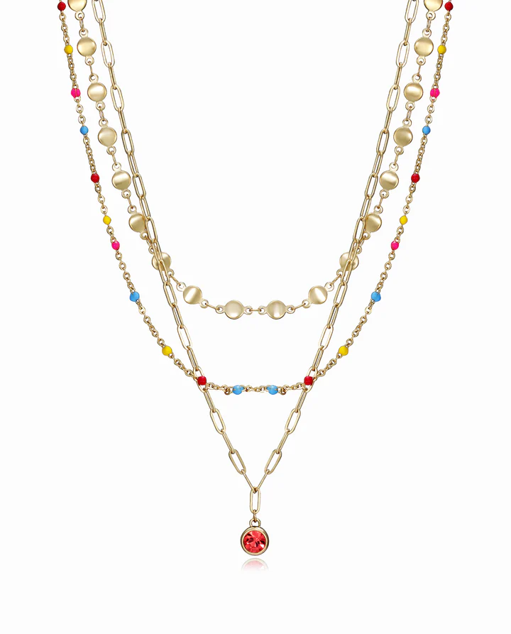 Collar Kiss de acero en Ip dorado, 3 cadenas, esmalte y circonita roja