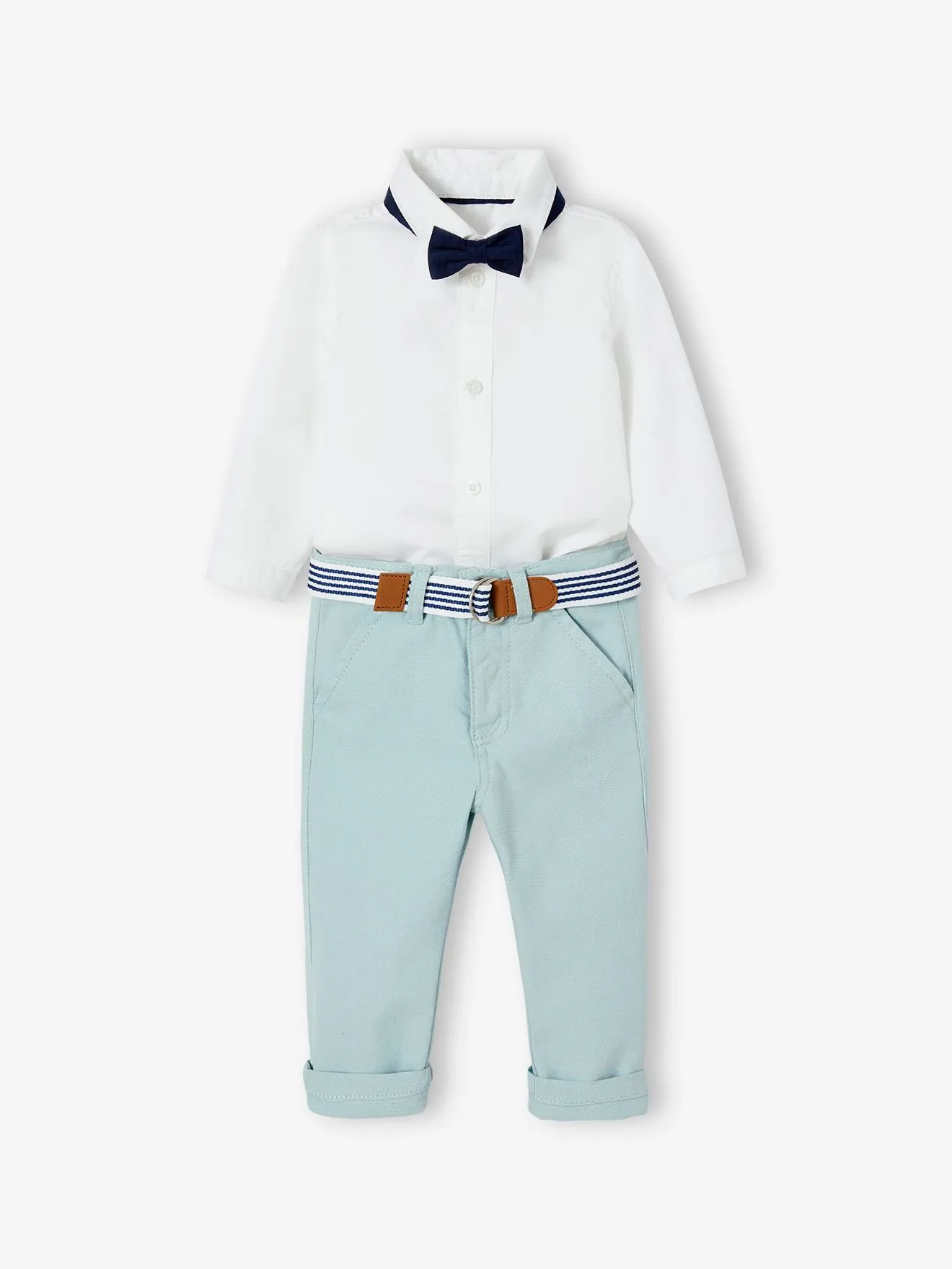 Conjunto de fiesta para bebé: pantalón con cinturón, camisa y pajarita
