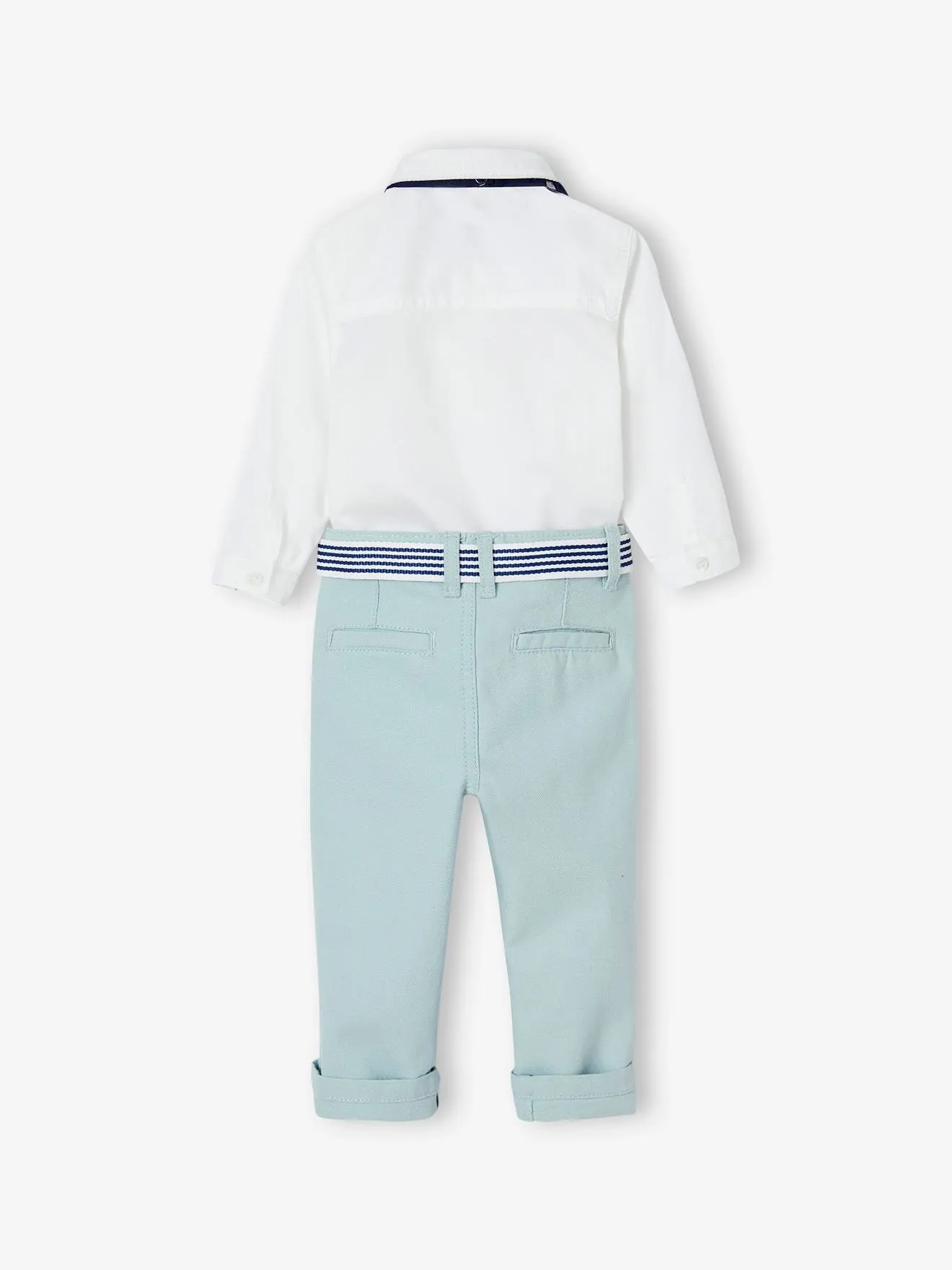 Conjunto de fiesta para bebé: pantalón con cinturón, camisa y pajarita