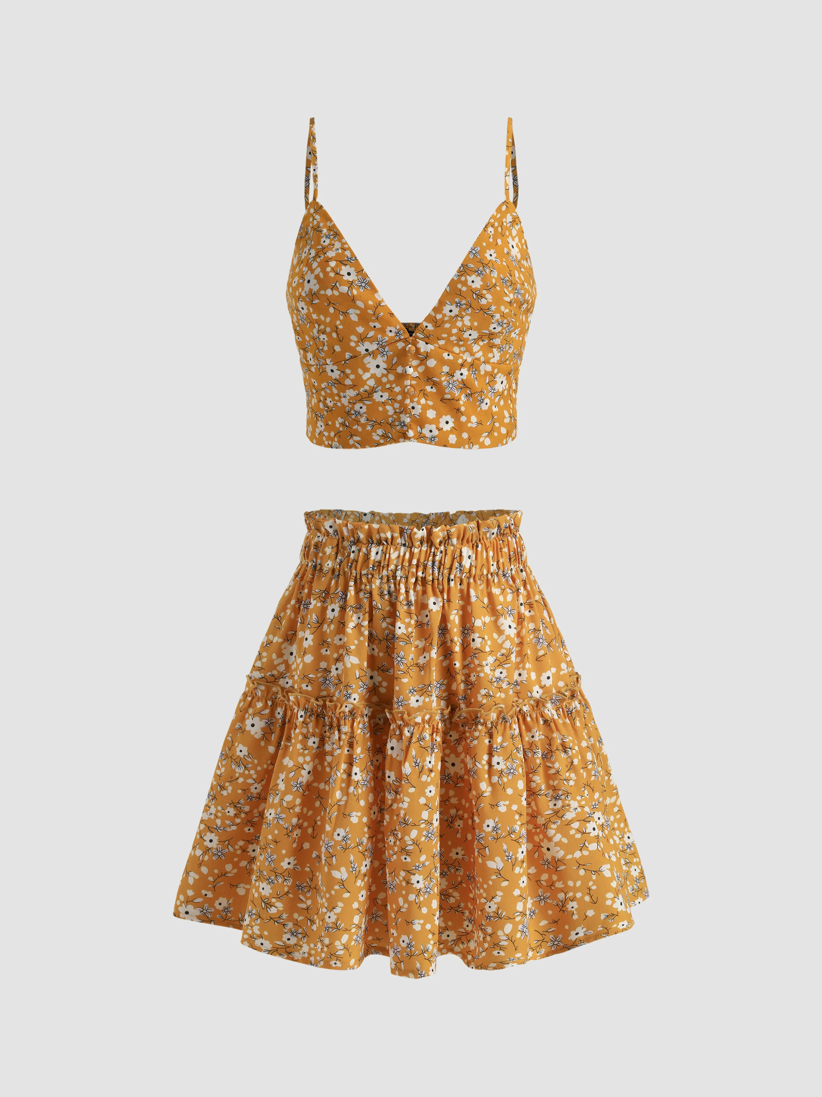  Conjunto de Top de Tirantes y Falda con Estampado Floral Diminuto