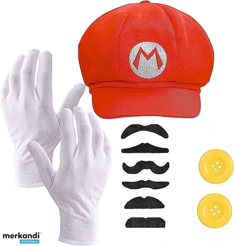 Disfraz de Super Mario 2 en 1 con guantes, bigote, gorra, botones como disfraz para carnaval