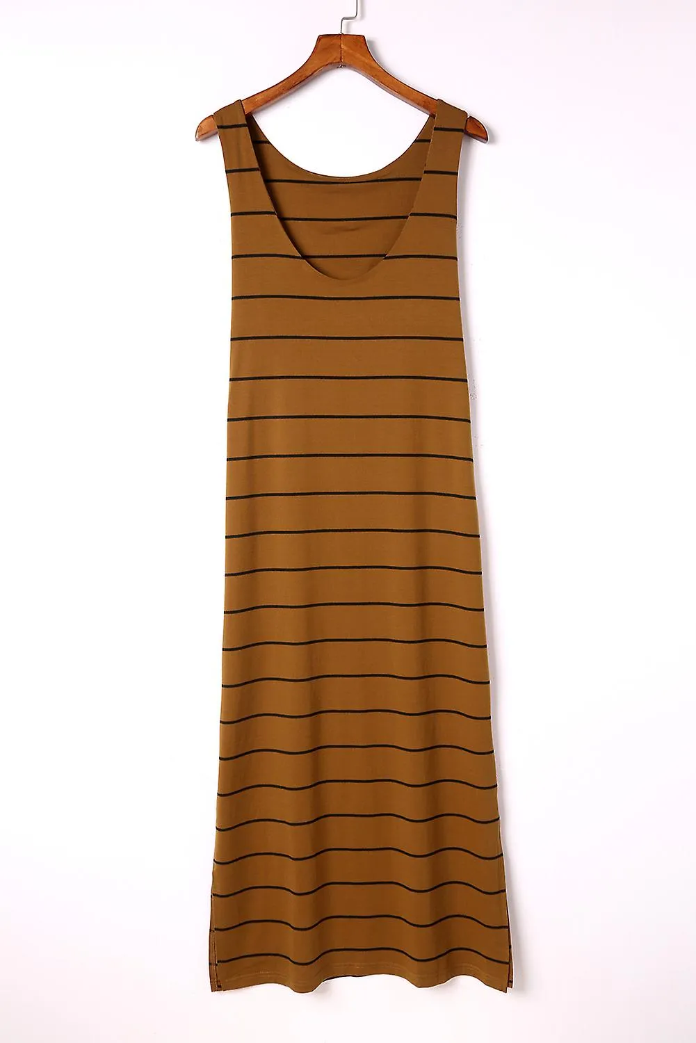 Estampado de rayas marrones para mujer Vestido maxi sin mangas con aberturas