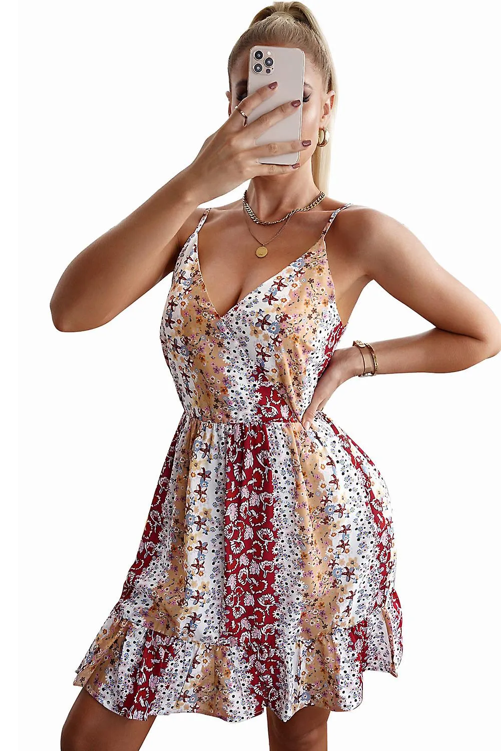 Estampado floral boho para mujer cuello surpliced slip mini vestido