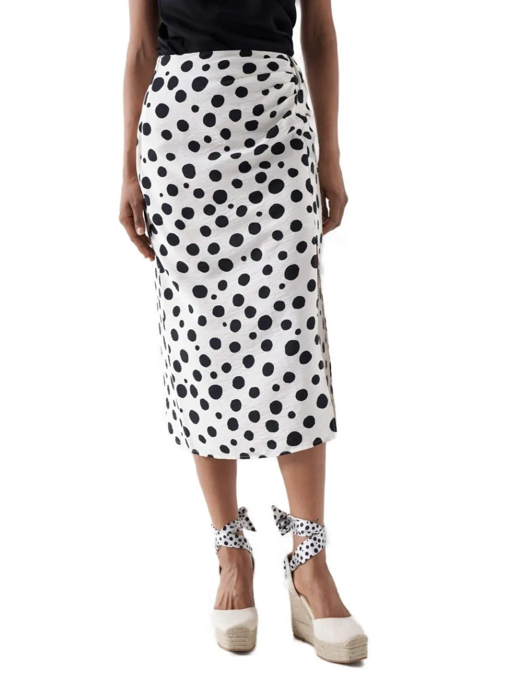 Falda Salsa lunares blanca negra midi de lino para mujer