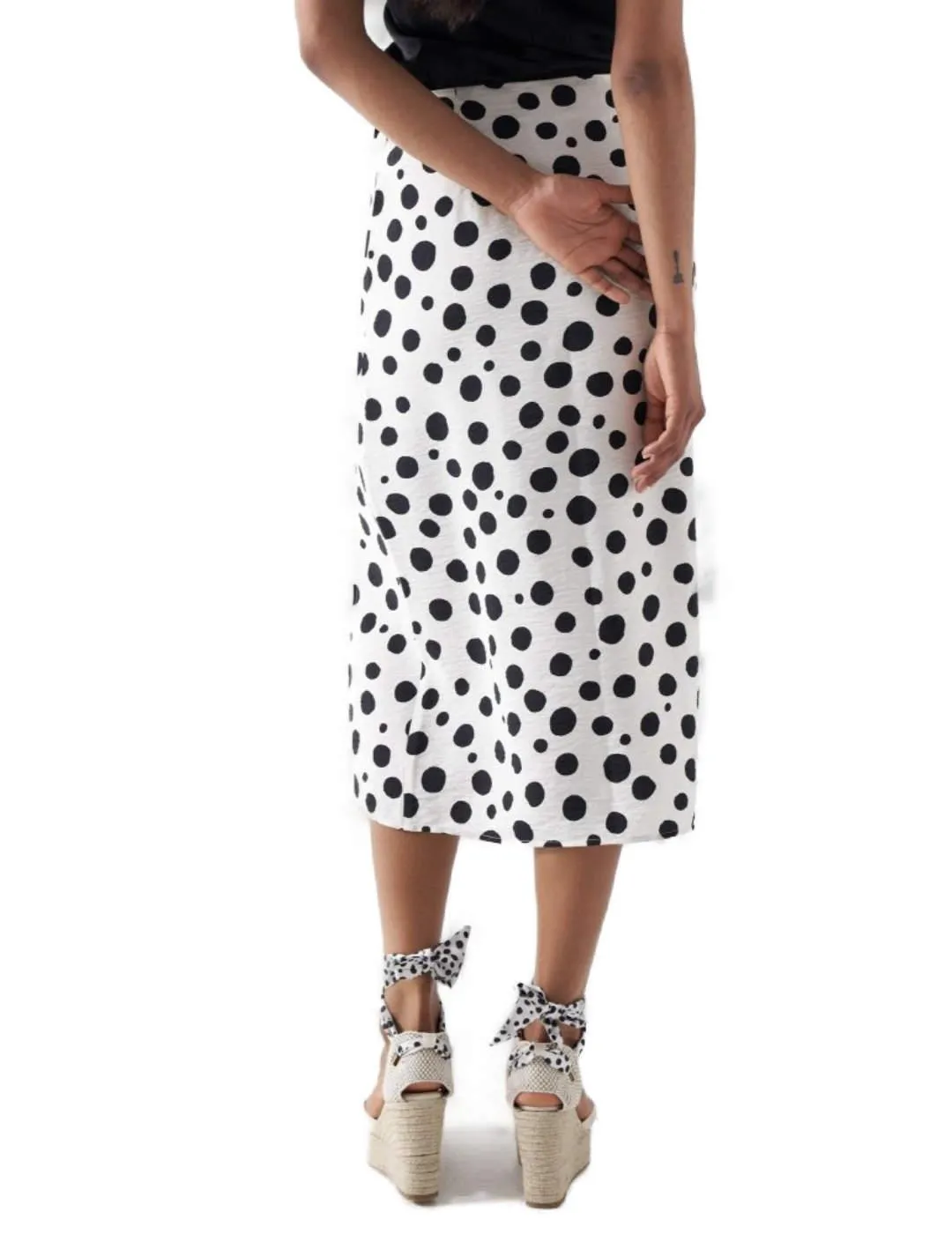 Falda Salsa lunares blanca negra midi de lino para mujer