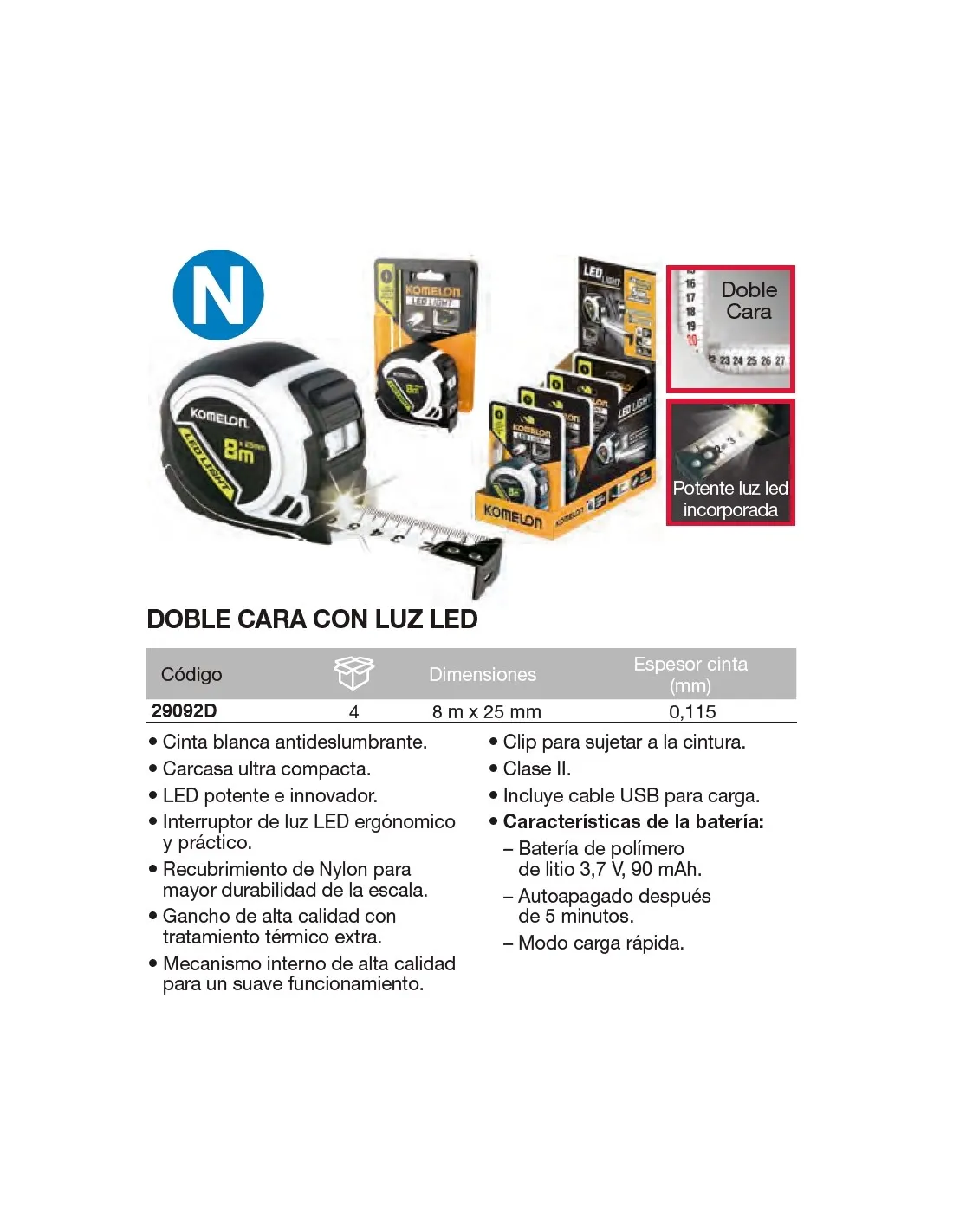 Flexómetro con luz LED, doble cara mod. "Led Light"  8m x 25mm