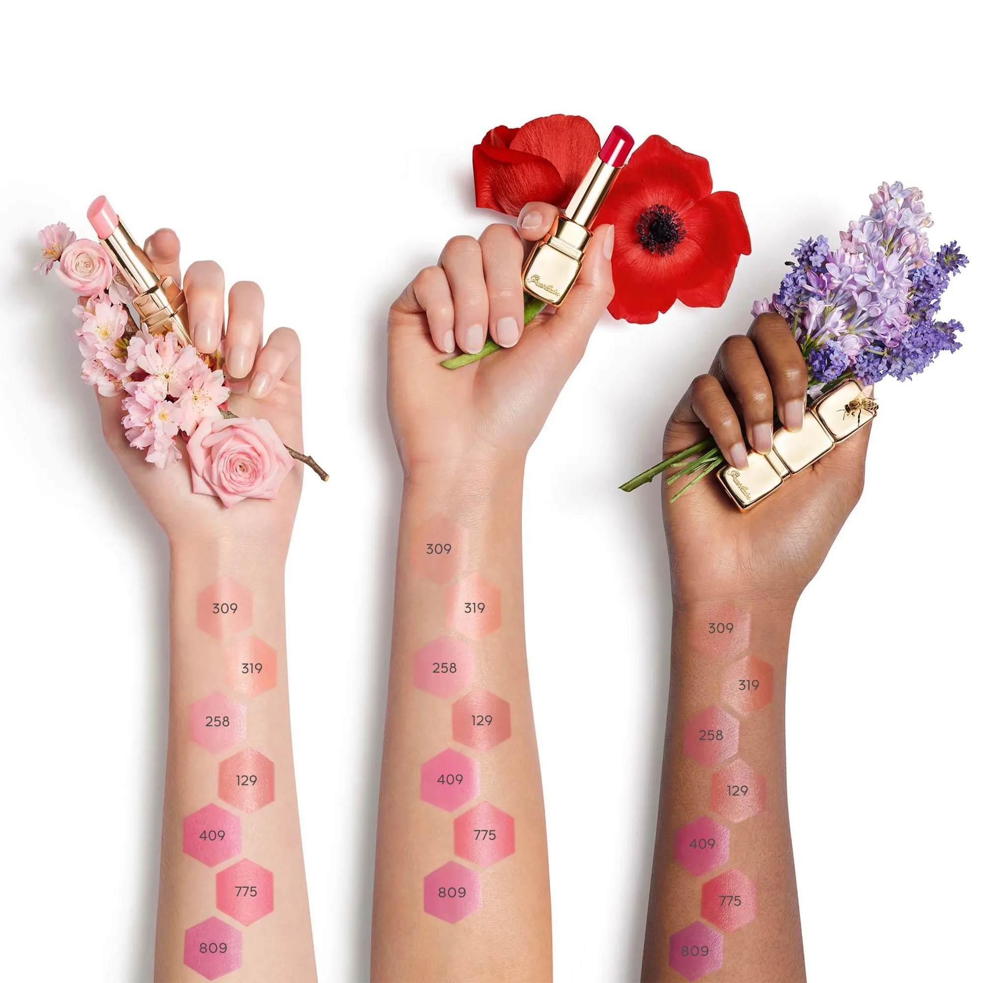 GUERLAIN KISSKISS BEE GLOW BáLSAMO CON COLOR INFUSIONADO MIEL 98 ORIGEN NATURAL EN   129 BLOSSOM KISS