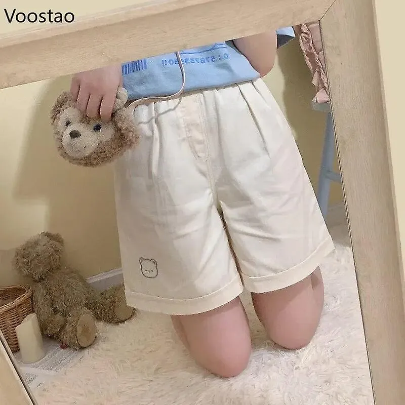 Japanese Kawaii Women Shorts Elastic High Waist Little Bear Embroidery Wide Leg Short Pants Korean Preppy Casual Students Shorts