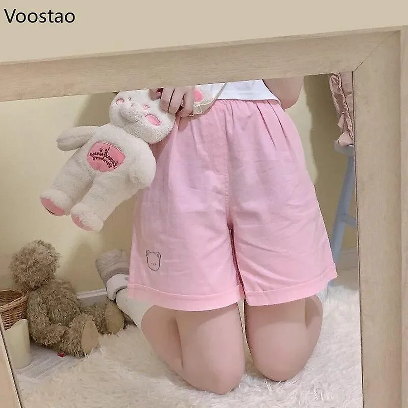 Japanese Kawaii Women Shorts Elastic High Waist Little Bear Embroidery Wide Leg Short Pants Korean Preppy Casual Students Shorts