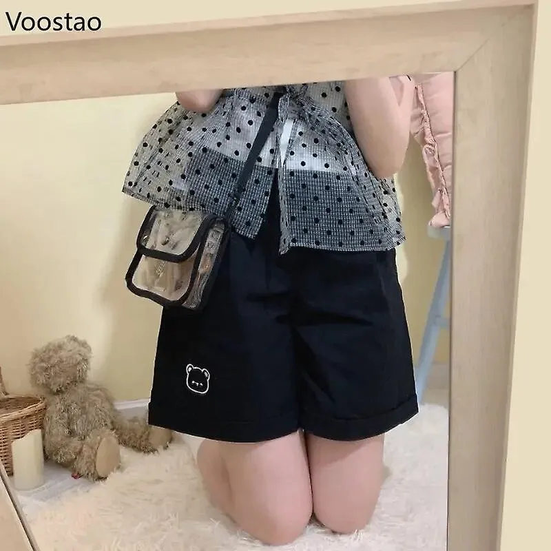 Japanese Kawaii Women Shorts Elastic High Waist Little Bear Embroidery Wide Leg Short Pants Korean Preppy Casual Students Shorts