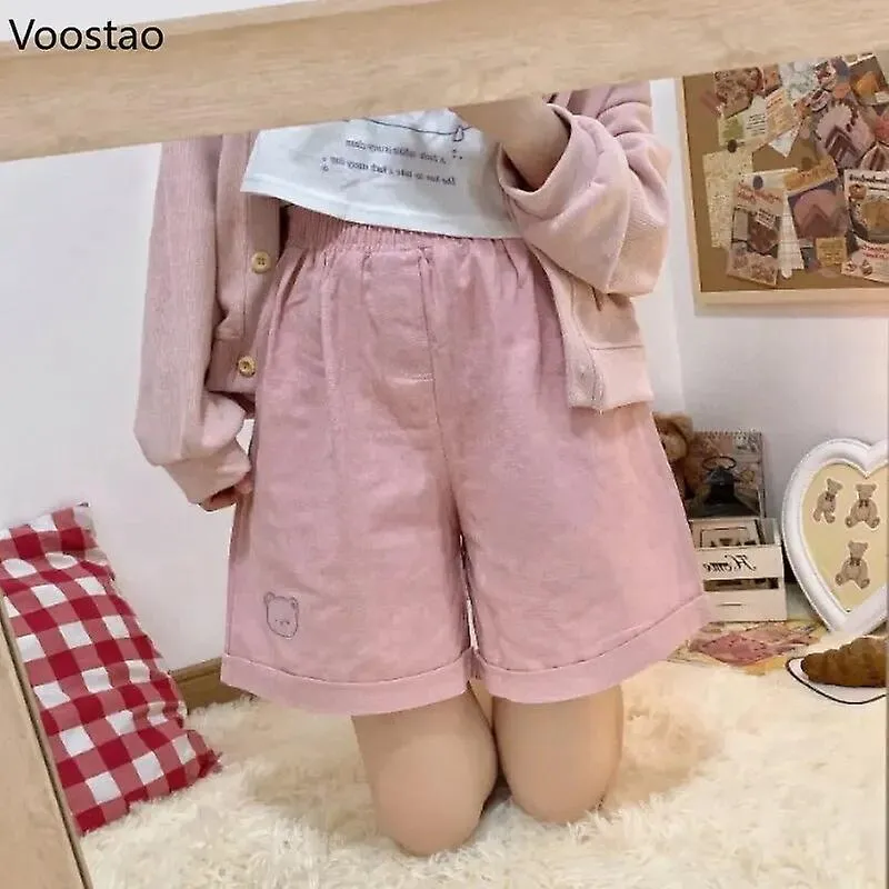 Japanese Kawaii Women Shorts Elastic High Waist Little Bear Embroidery Wide Leg Short Pants Korean Preppy Casual Students Shorts