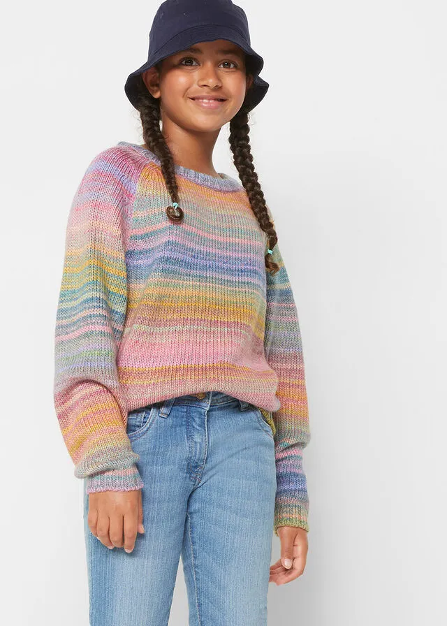 JERSEY DE PUNTO CON EFECTO SPACEDYE PARA NIñA ROSAAZUL CON RAYAS HORIZONTALES