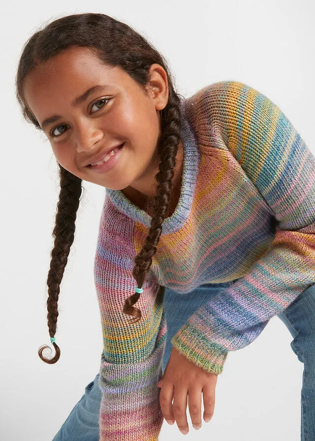 JERSEY DE PUNTO CON EFECTO SPACEDYE PARA NIñA ROSAAZUL CON RAYAS HORIZONTALES