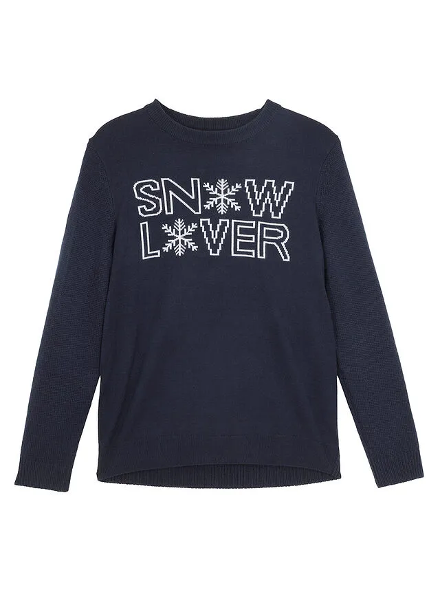 Jersey de punto con estampado invernal para niños Azul marino + azul claro