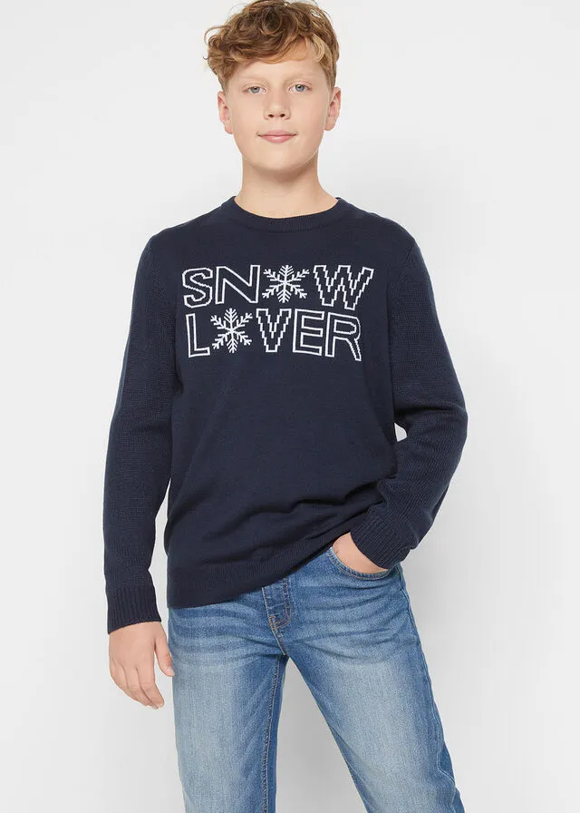 Jersey de punto con estampado invernal para niños Azul marino + azul claro