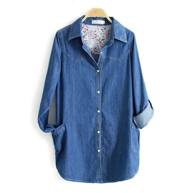 Leisure Denim Long Sleeve Shirt Lapel Double Pockets Loose Female Top