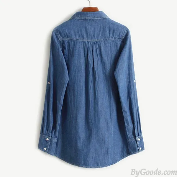 Leisure Denim Long Sleeve Shirt Lapel Double Pockets Loose Female Top