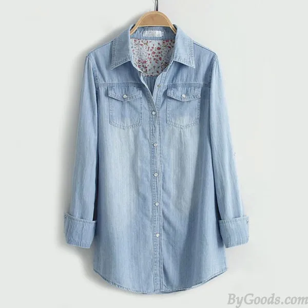 Leisure Denim Long Sleeve Shirt Lapel Double Pockets Loose Female Top
