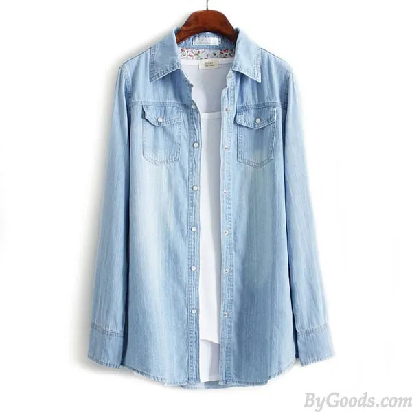 Leisure Denim Long Sleeve Shirt Lapel Double Pockets Loose Female Top