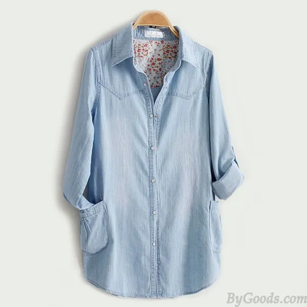 Leisure Denim Long Sleeve Shirt Lapel Double Pockets Loose Female Top