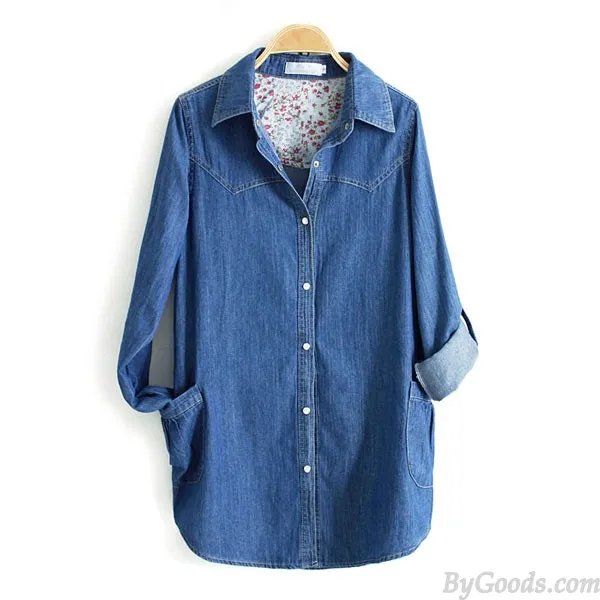 Leisure Denim Long Sleeve Shirt Lapel Double Pockets Loose Female Top