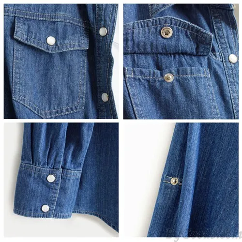 Leisure Denim Long Sleeve Shirt Lapel Double Pockets Loose Female Top