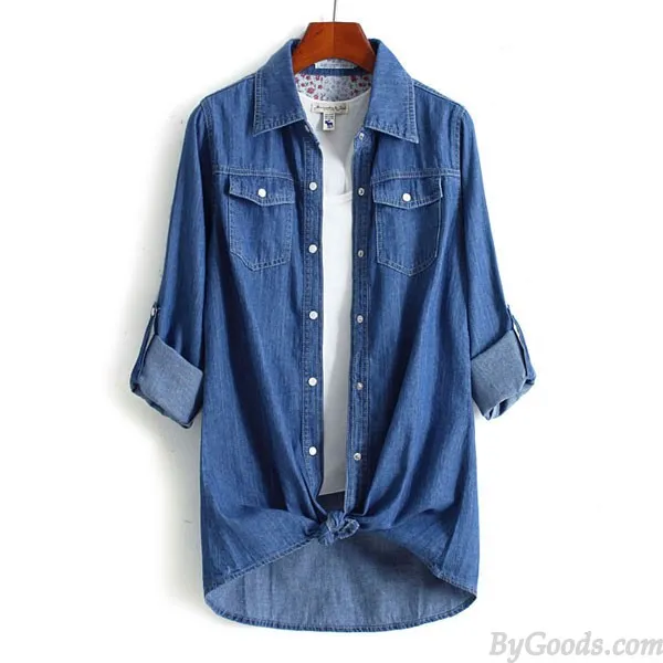 Leisure Denim Long Sleeve Shirt Lapel Double Pockets Loose Female Top