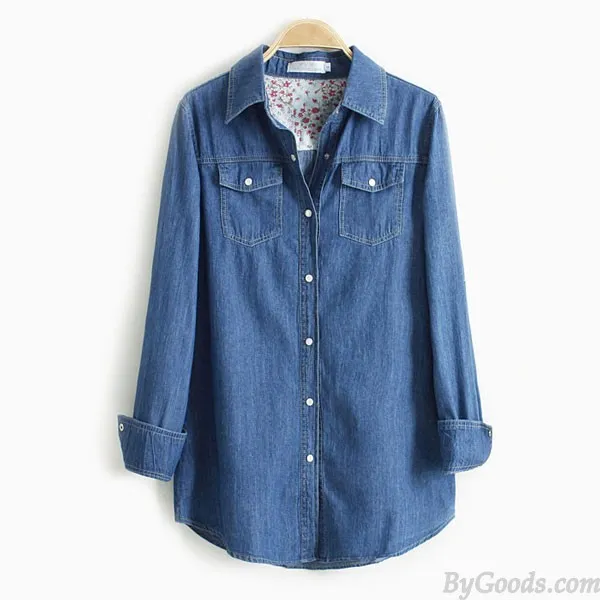 Leisure Denim Long Sleeve Shirt Lapel Double Pockets Loose Female Top