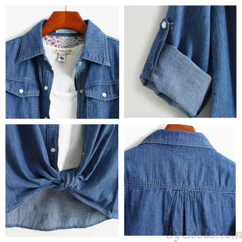 Leisure Denim Long Sleeve Shirt Lapel Double Pockets Loose Female Top