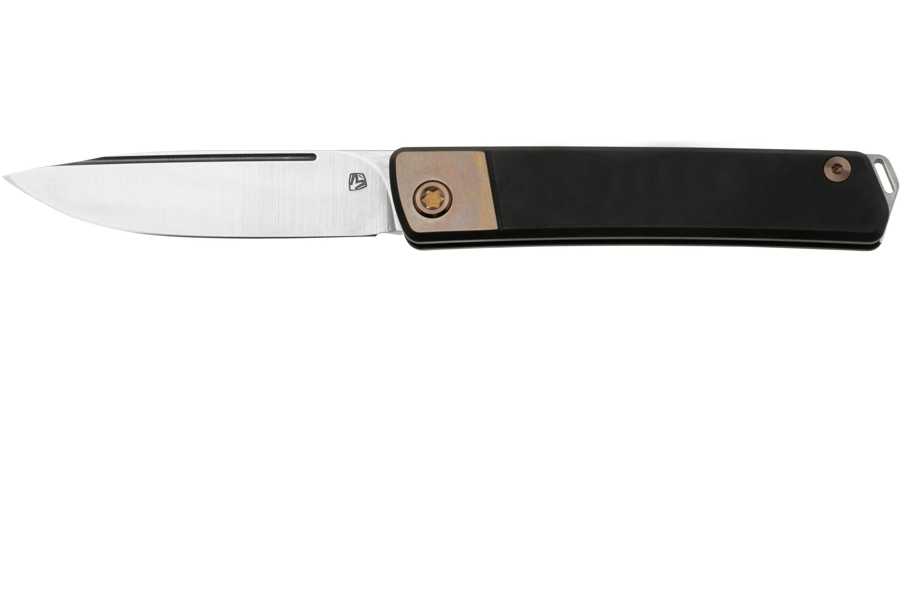 MEDFORD GENTLEMAN JACK 24GJ02, TUMBLED S45VN DROPPOINT BLADE, BLACK HANDLE, BRONZE BOLSTER, NAVAJA SLIPJOINT
