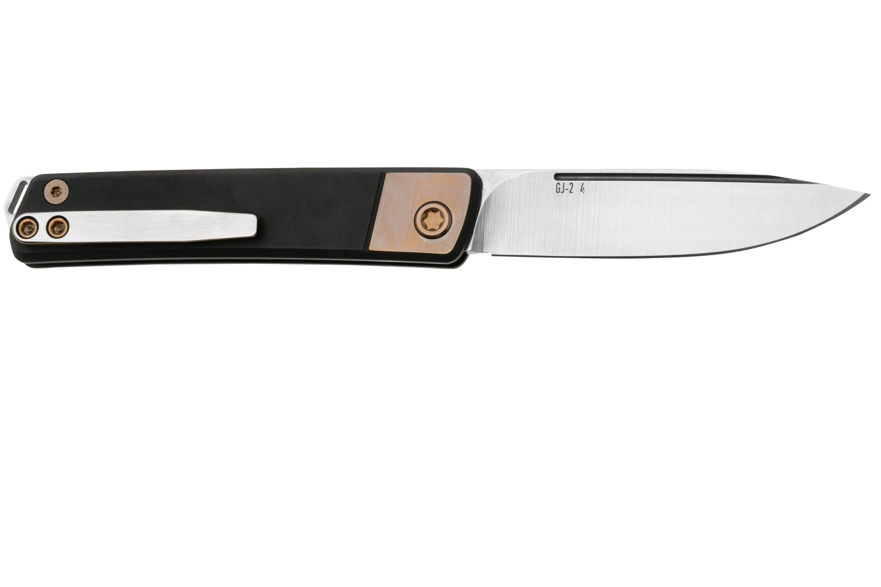 MEDFORD GENTLEMAN JACK 24GJ02, TUMBLED S45VN DROPPOINT BLADE, BLACK HANDLE, BRONZE BOLSTER, NAVAJA SLIPJOINT