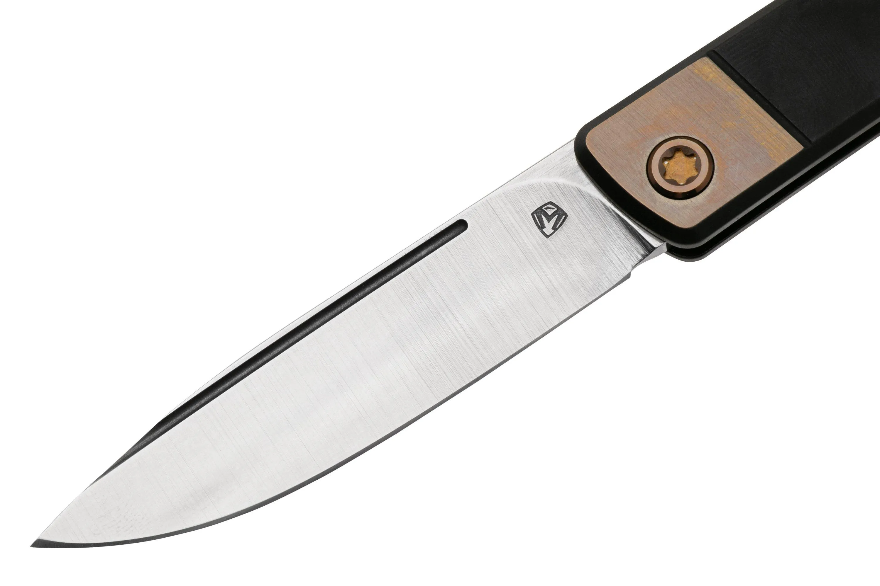 MEDFORD GENTLEMAN JACK 24GJ02, TUMBLED S45VN DROPPOINT BLADE, BLACK HANDLE, BRONZE BOLSTER, NAVAJA SLIPJOINT