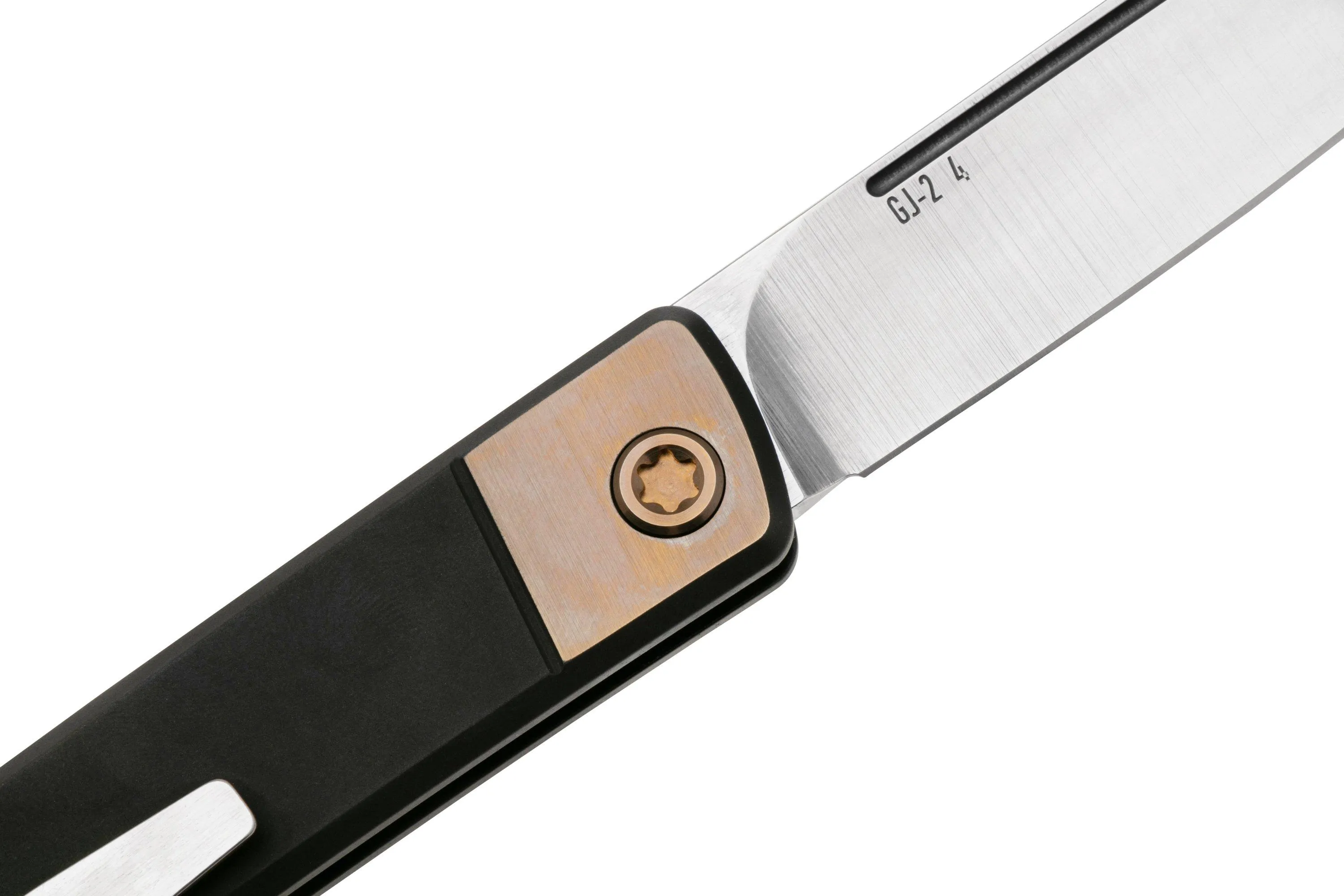 MEDFORD GENTLEMAN JACK 24GJ02, TUMBLED S45VN DROPPOINT BLADE, BLACK HANDLE, BRONZE BOLSTER, NAVAJA SLIPJOINT