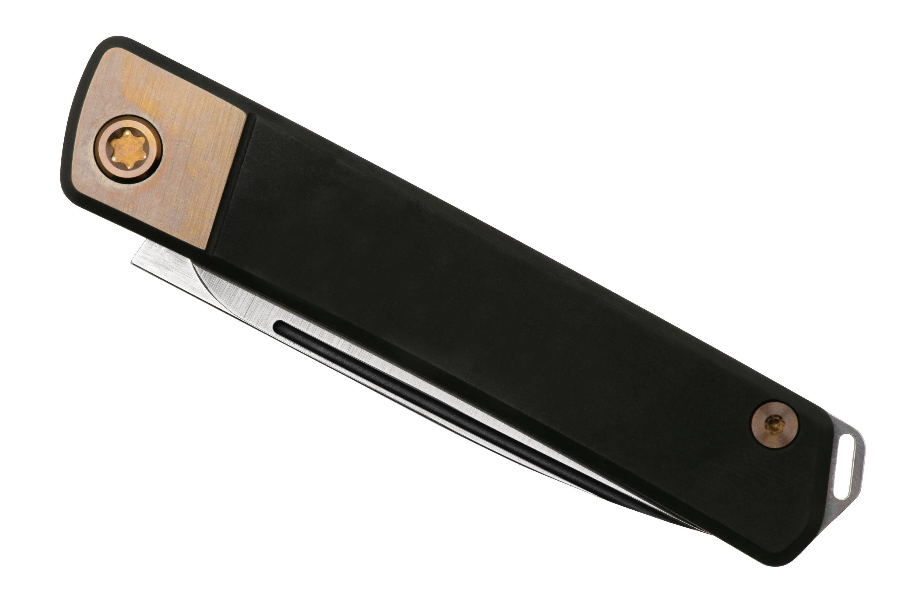 MEDFORD GENTLEMAN JACK 24GJ02, TUMBLED S45VN DROPPOINT BLADE, BLACK HANDLE, BRONZE BOLSTER, NAVAJA SLIPJOINT