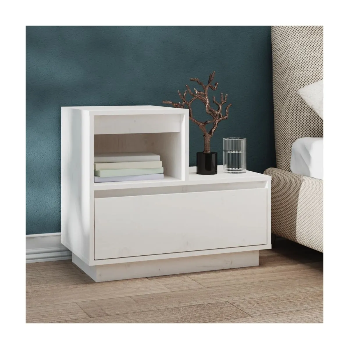 Mesita de noche madera maciza de pino blanco 60x34x51 cm